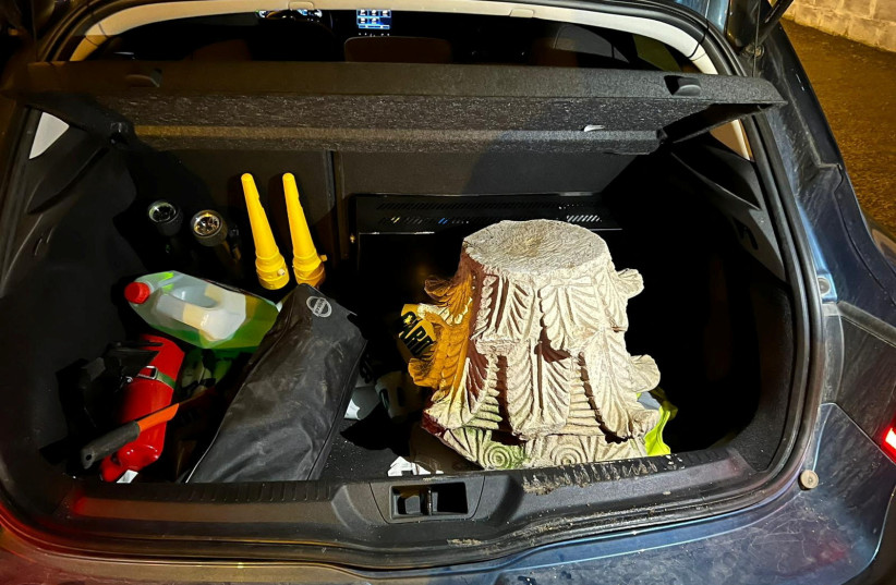 A view of a stolen artefact that was recovered during a crackdown on international art trafficking, in the trunk of a vehicle at an unknown location, in Spain, in this undated handout picture obtained by Reuters on May 4, 2023.