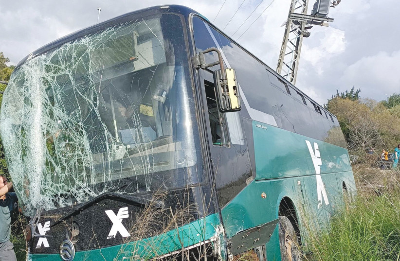  A PASSENGER’S photo of the bus in which he was traveling; the bus swerved off the road, possibly trying to avoid a car, at Nachshon junction near Latrun, injuring some 20 passengers, in March.  (photo credit: David Picard)