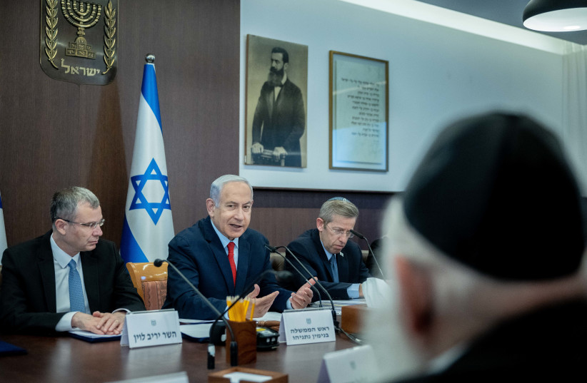 Prime Minister Benjamin Netanyahu leads a government cabinet meeting at the Prime Minister's office in Jerusalem on May 7, 2023