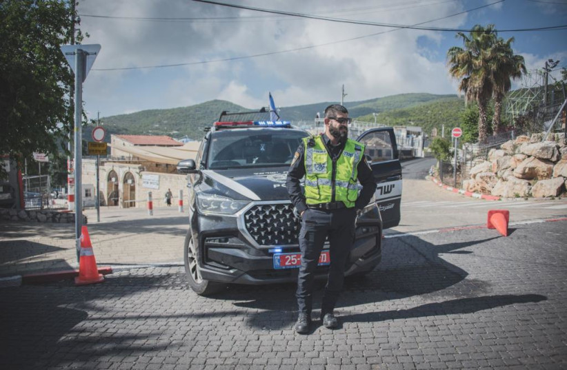 An Israel Police officer is seen during an emegerncy drill in the town of Meron ahead of the annual Lag BaOmer pilgrimage to Mount Meron on Sunday, May 7, 2023 (credit: ISRAEL POLICE)
