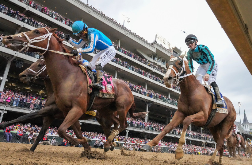  May 6, 2023: Louisville, KY, USA; Mage, left, with Javier Castellano up, wins the 149th Running of the Kentucky Derby on May 6, 2023, at Churchill Downs. (photo credit: Michael Clevenger and Christopher Granger-USA TODAY Sports)