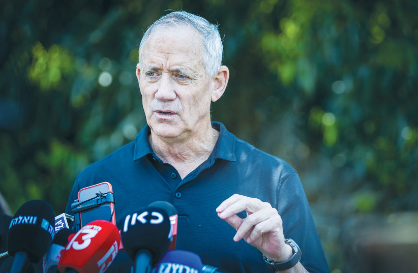  MK BENNY Gantz speaks to the media in Sderot last week. Yair Lapid may prefer chaos, and Benjamin Netanyahu may prefer delay, but that’s why their polls keep plummeting while Gantz’s is rising, says the writer.  (credit: FLASH90)