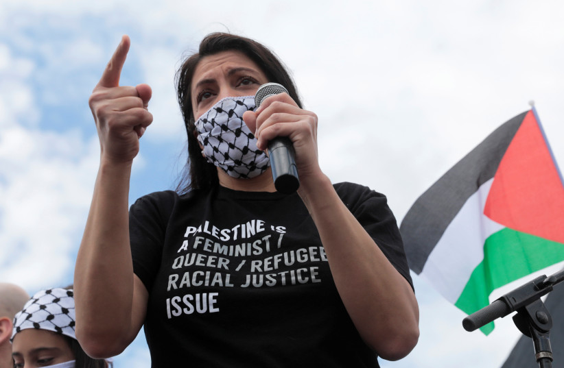 Palestinian-American congresswoman Rashida Tlaib attends a pro-Palestinian protest in Dearborn, Michigan, US, May 16, 2021. (photo credit: REUTERS/REBECCA COOK)
