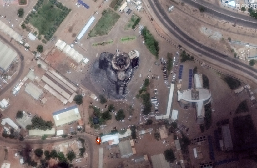  Satellite image shows burned and damaged General Command of the Sudanese Armed Forces headquarters building in Khartoum, Sudan April 16, 2023, in this handout image. (photo credit: Courtesy of Maxar Technologies/Handout via REUTERS)