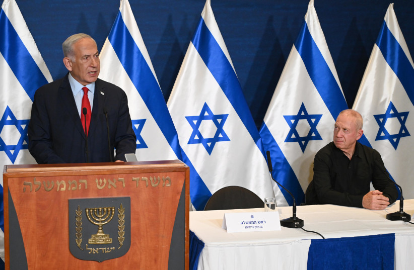  Prime Minister Benjamin Netanyahu and Defense Minister Yoav Gallant are seen during a press conference on Operation Shield and Arrow on May 10, 2023 (photo credit: CHAIM TZACH/GPO)