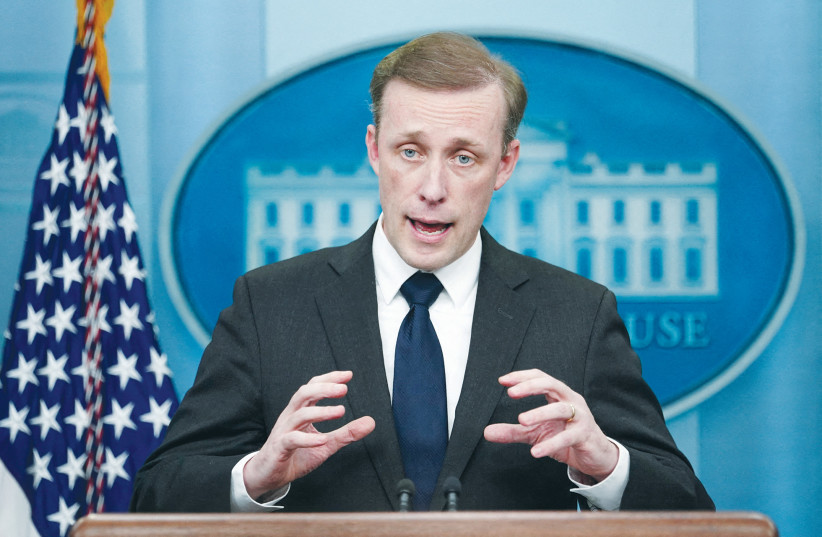  WHITE HOUSE National Security Advisor Jake Sullivan briefs the media in Washington. The US believes that creating a bridge between Saudi Arabia and Israel is important for American national security.  (credit: KEVIN LAMARQUE/REUTERS)