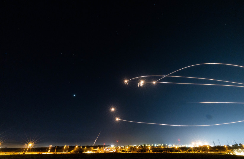  Iron dome anti-missile system fires interception missiles as rockets are fired from the Gaza Strip to Israel, as it seen from Sderot on May 10, 2023. (photo credit: YONATAN SINDEL/FLASH90)