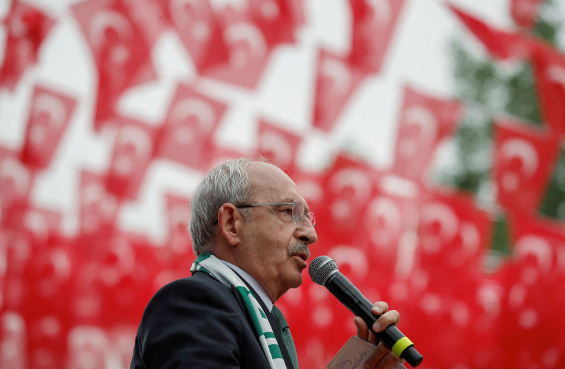  Kemal Kilicdaroglu, presidential candidate of Turkey's main opposition alliance, speaks during a rally ahead of the May 14 presidential and parliamentary elections, in Bursa, Turkey May 11, 2023 (credit: REUTERS/MURAD SEZER)