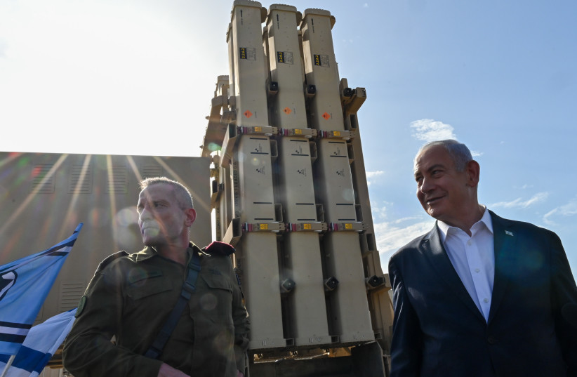 Prime Minister Benjamin Netanyahu visiting an Iron Dome battery in a central Israeli Air Force base, May 11, 2023 (photo credit: KOBI GIDEON/PMO)