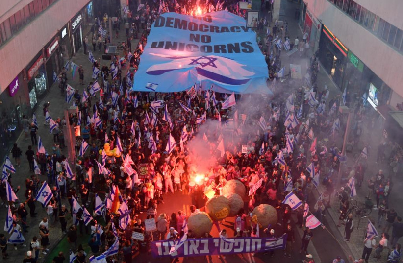  PROTESTERS AGAINST judicial reform at Dizengoff Square in Tel Aviv, May 13, 2023. (credit: AVSHALOM SASSONI/MAARIV)
