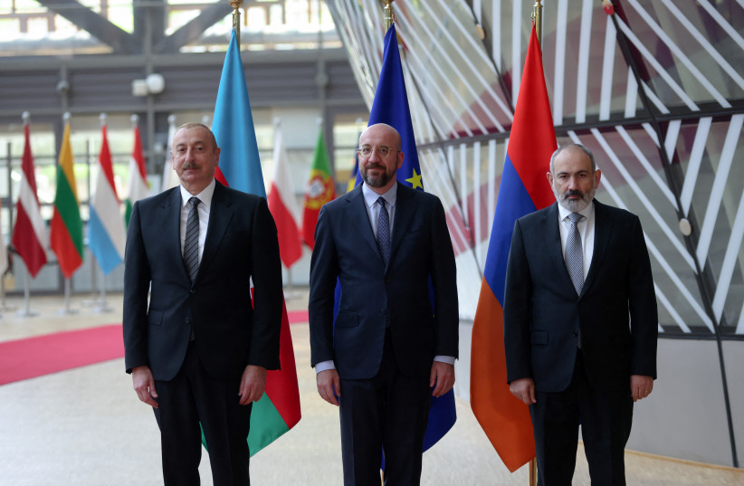  Azerbaijan's President Ilham Aliyev, Armenian Prime Minister Nikol Pashinyan and European Council President Charles Michel pose for a picture in Brussels, Belgium May 14, 2023. (credit:  REUTERS/JOHANNA GERON)