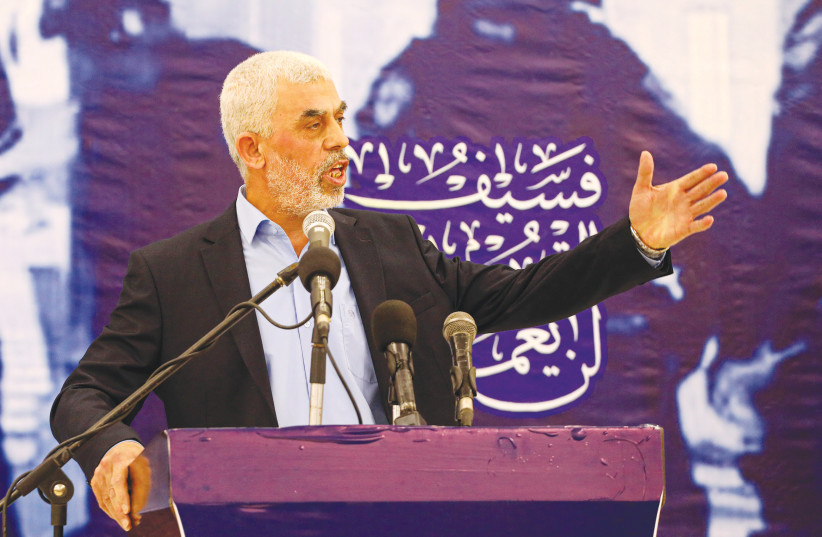  HAMAS GAZA leader Yahya Sinwar: For Hamas and Islamic Jihad, it is easier to prolong the suffering of Palestinians and mask their inaction by shooting rockets at Israel, says the writer.  (photo credit: ATTIA MUHAMMED/FLASH90)