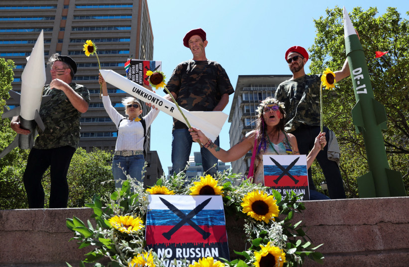 Activists protest outside the Russian Consulate in Cape Town against the scheduled navy drills in Durban between South Africa, Russia and China, in Cape Town, South Africa, February 17, 2023 (credit: REUTERS/ESA ALEXANDER)