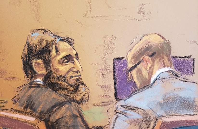  Sayfullo Saipov, who used a truck to kill eight people on a Manhattan bike path in 2017, sits beside Andrew Dalack, a member of his court-appointed defense team, during his trial on murder and terrorism charges, at a courtroom in New York, U.S., January 26, 2023, in this courtroom sketch. (credit: REUTERS/JANE ROSENBERG)