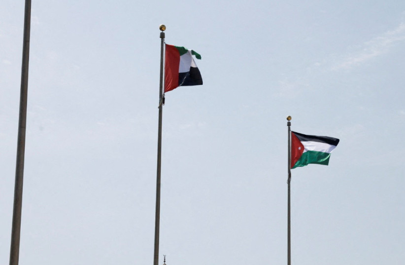  UAE and Jordanian flags flutter ahead of the preparations for US President Joe Biden's visit, in Jeddah, Saudi Arabia July 14, 2022. (credit: MOHAMMED SALEM/REUTERS)