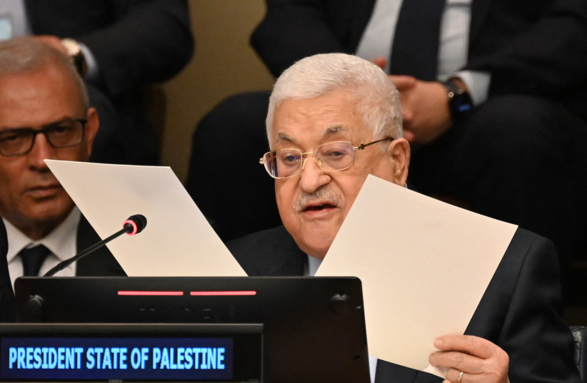  Palestinian Authority President Mahmud Abbas speaks during a high-level event to commemorate the 75th anniversary of the Nakba at the United Nations headquarters in New York on May 15, 2023.  (credit: ED JONES/AFP VIA GETTY IMAGES)