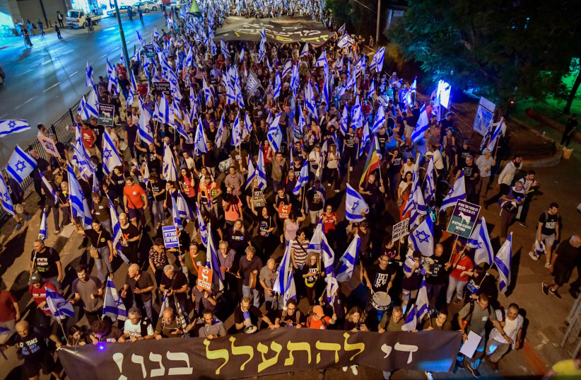  Israelis attend a protest march in Bnei Brak against the billions in funds provided to ultra-Orthodox parties in the state budget, on May 17, 2023. (credit: AVSHALOM SASSONI/FLASH90)