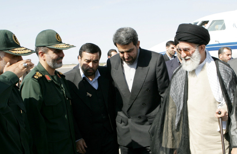  Iran's new Secretary of the Supreme National Security Council Ali Akbar Ahmadian is seen next to Iran's Supreme Leader Ayatollah Ali Khamenei during a meeting in an undisclosed location in Iran, in this picture obtained on May 22, 2023.  (credit: Office of the Iranian Supreme Leader/WANA/Handout via Reuters)