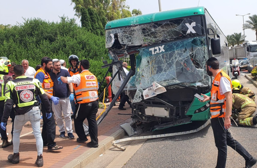  The bus involved in a traffic accident in Haifa, May 22, 2023. (photo credit: UNITED HATZALAH‏)