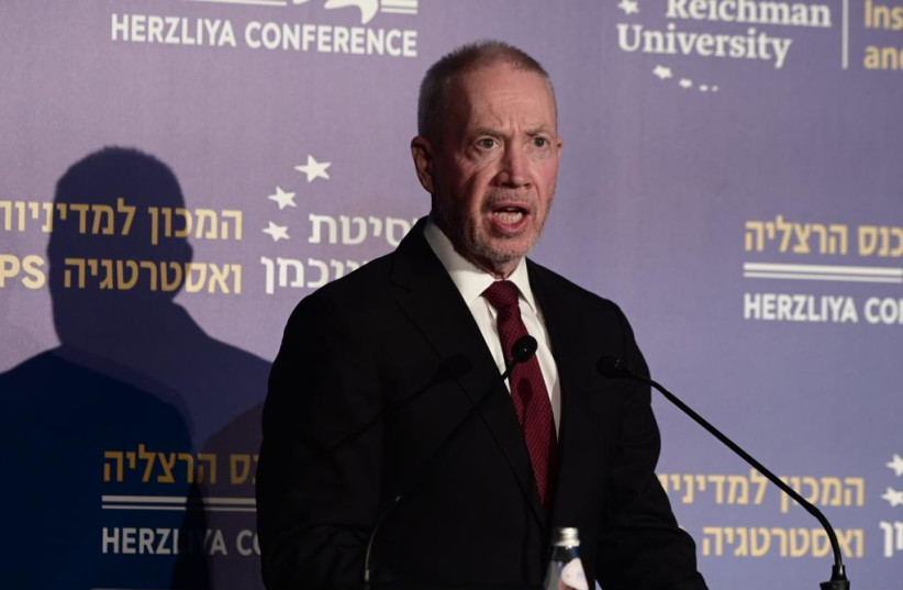 Defense Minister Yoav Gallant speaks at the Herzliya Conference on May 22, 2023 (credit: AVSHALOM SASSONI/FLASH90)