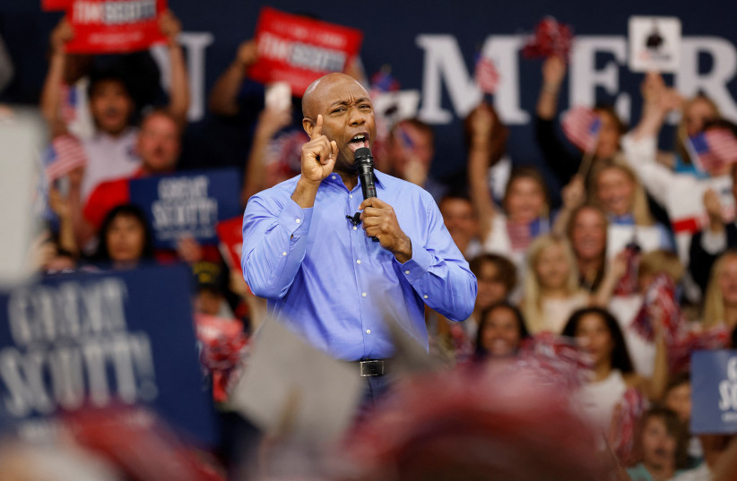  US Senator Tim Scott (R-SC), the only Black Republican senator, announces his candidacy for the 2024 Republican presidential race in North Charleston, South Carolina, US May 22, 2023. (credit: REUTERS)
