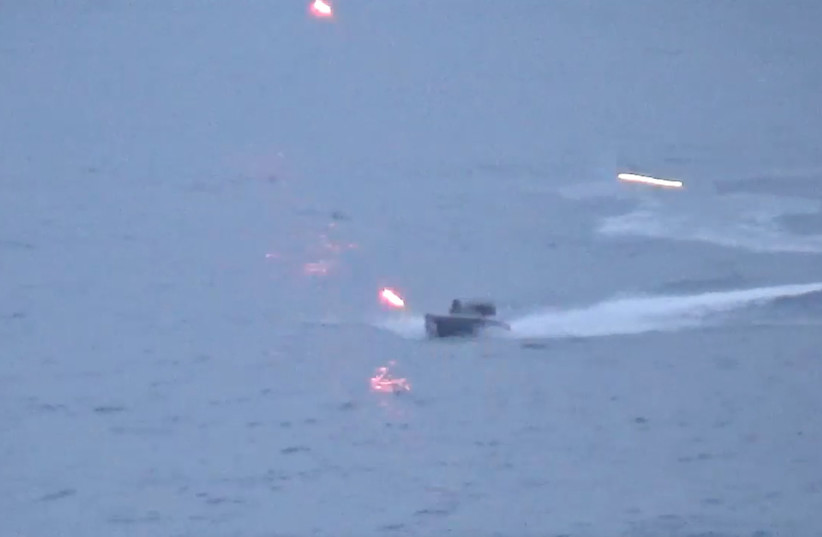  A still image from video, released by Russia's Defence Ministry, shows what it said to be the Ukrainian uncrewed speedboat attacking the Russian warship Ivan Khurs in the Black Sea near the Bosphorus strait, in this image taken from handout footage released May 24, 2023. (credit: Russian Defence Ministry/Handout via REUTERS)