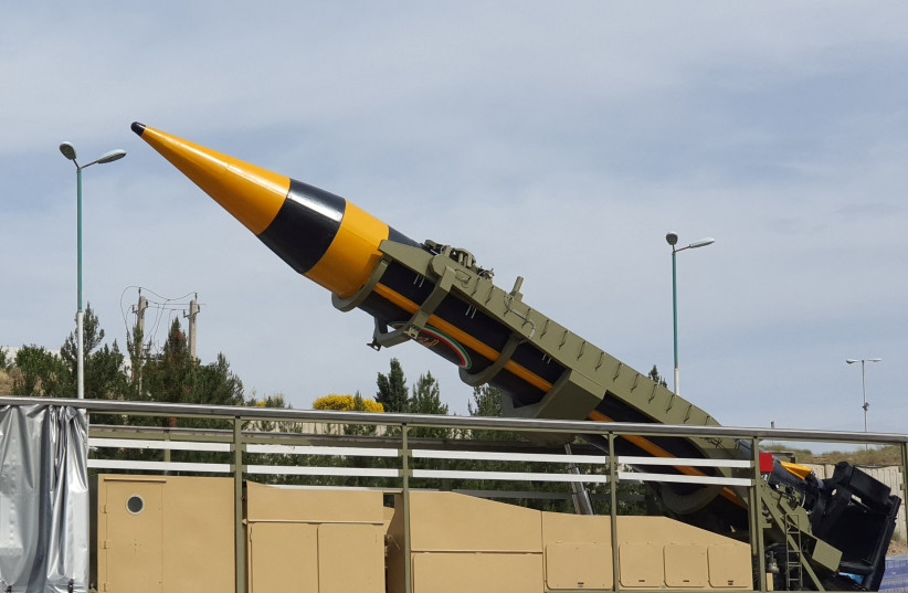  A new surface-to-surface ballistic missile called Khaibar with a range of 2,000 km, unveiled by Iran, is seen in Tehran, Iran, May 25, 2023 (photo credit: WANA (WEST ASIA NEWS AGENCY) VIA REUTERS)