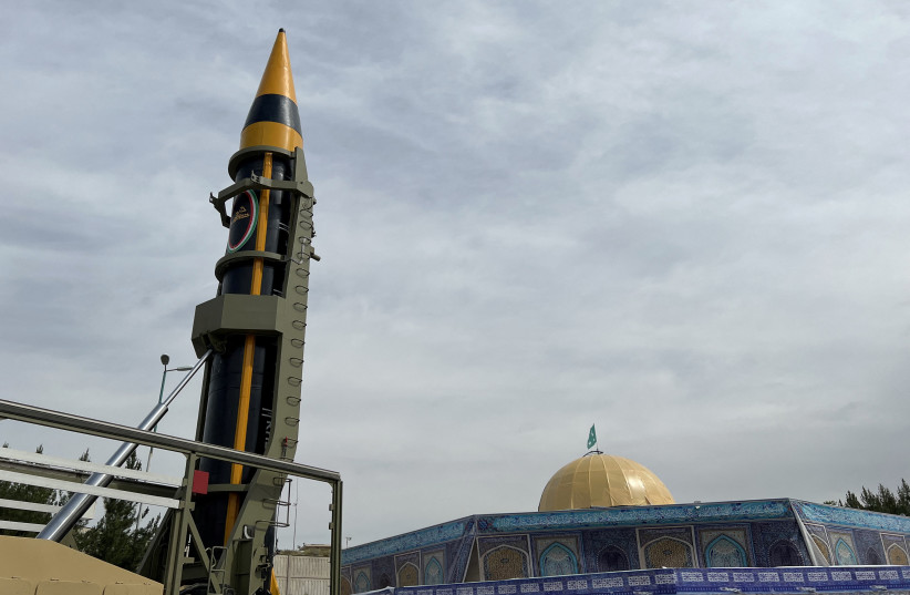  A new surface-to-surface ballistic missile called Khaibar with a range of 2,000 km, unveiled by Iran, is seen in Tehran, Iran, May 25, 2023 (credit: WANA (WEST ASIA NEWS AGENCY) VIA REUTERS)