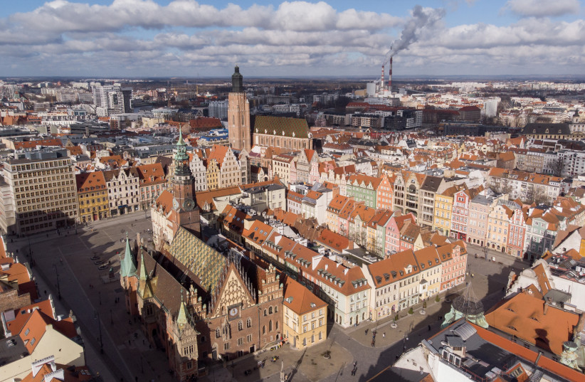  An aerial view of the Wroclaw City Hall and the old town of Wroclaw, Poland February 12, 2022. (photo credit: REUTERS/KUBA STEZYCKI)