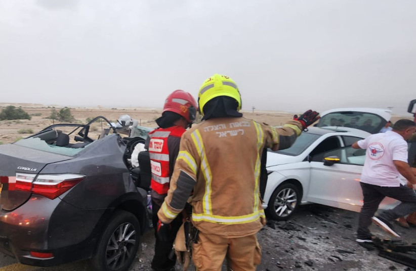   The scene of a car crash near Lido junction, May 27, 2023. (credit: ISRAEL FIRE AND RESUCE SERVICES)