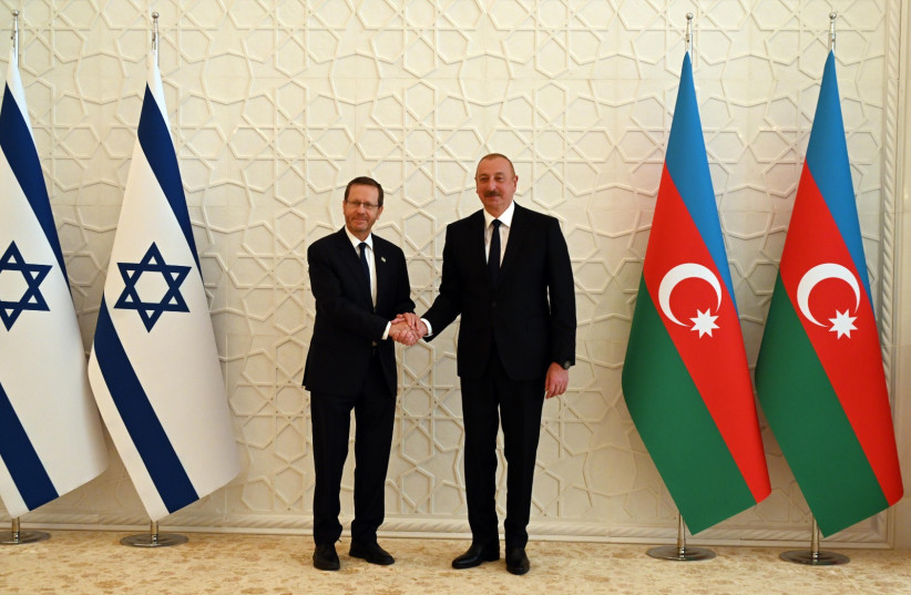  President Isaac Herzog and Azeri counterpart Ilham Aliyev in Baku, on May 29, 2023 (credit: HAIM ZACH/GPO)
