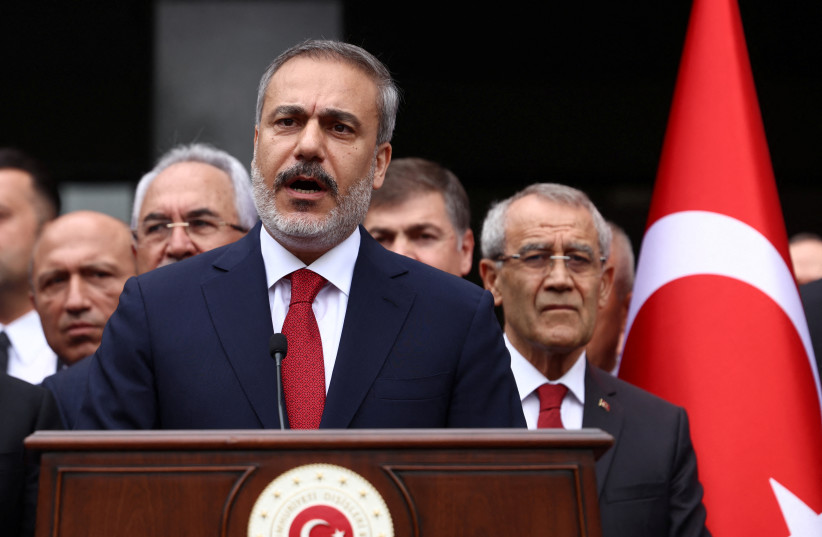  Turkey's newly appointed Foreign Minister Hakan Fidan speaks during a handover ceremony in Ankara, Turkey June 5, 2023. (credit: REUTERS/CAGLA GURDOGAN)