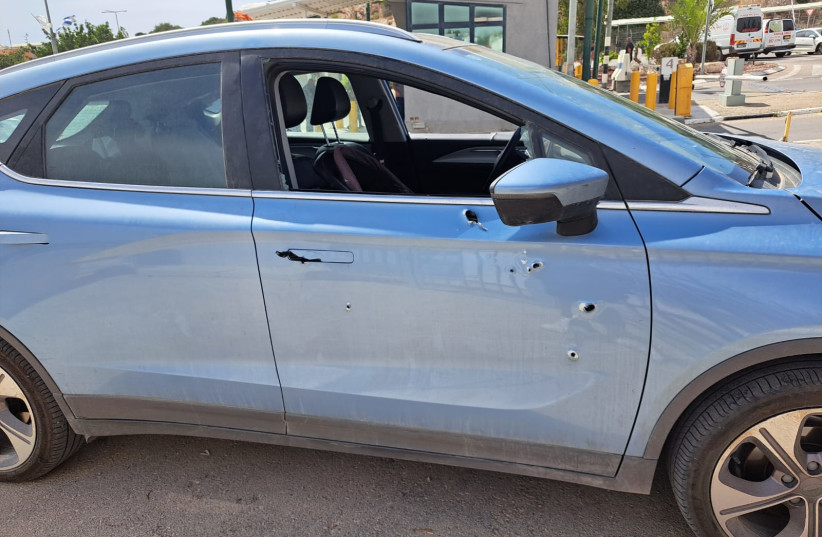  The car hit by the shooting attack near Mevo Dotan. June 13, 2023 (credit: SAMARIA REGIONAL COUNCIL)