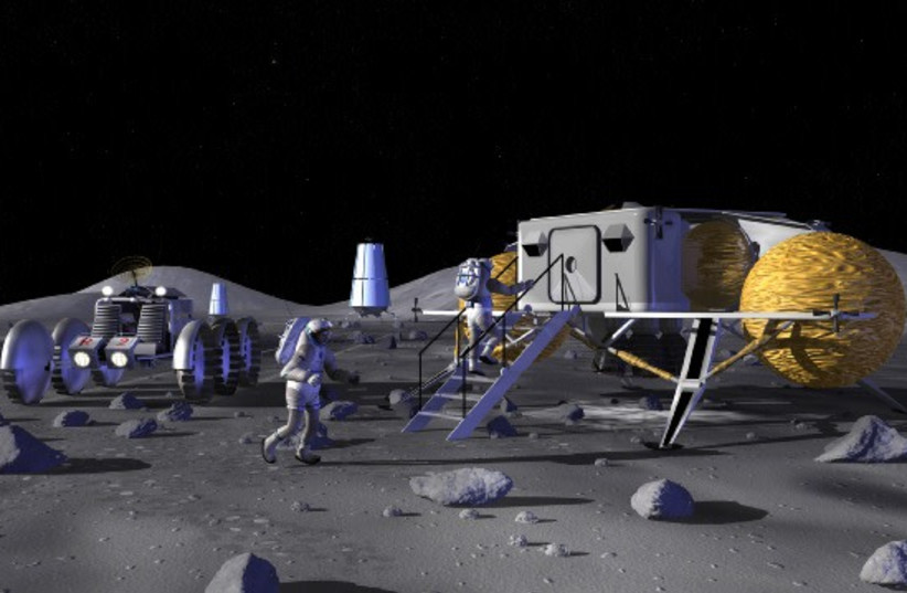  An artistic illustration depicting a hypothetical manned outpost on the Moon. (credit: Wikimedia Commons)