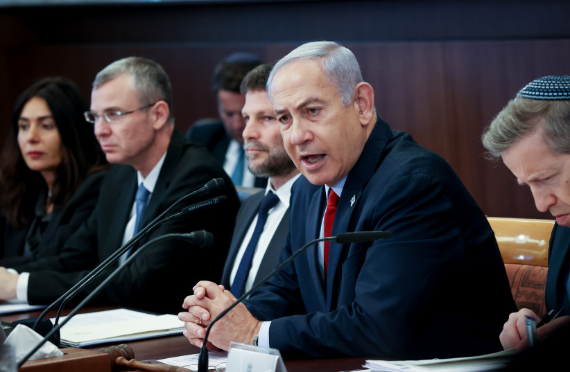  Israeli Prime Minister Benjamin Netanyahu leads a cabinet meeting at the Prime Minister's Office in Jerusalem on June 18, 2023.  (credit: AMIT SHABI/POOL)