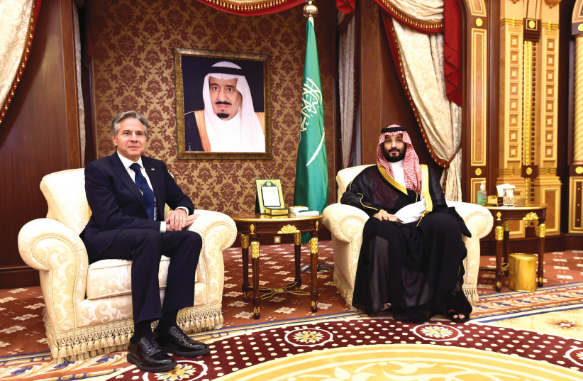 Saudi Arabia's Crown Prince Mohammed bin Salman meets with US Secretary of State Antony Blinken in Jeddah, earlier this month. (credit: AMER HILABI/REUTERS)