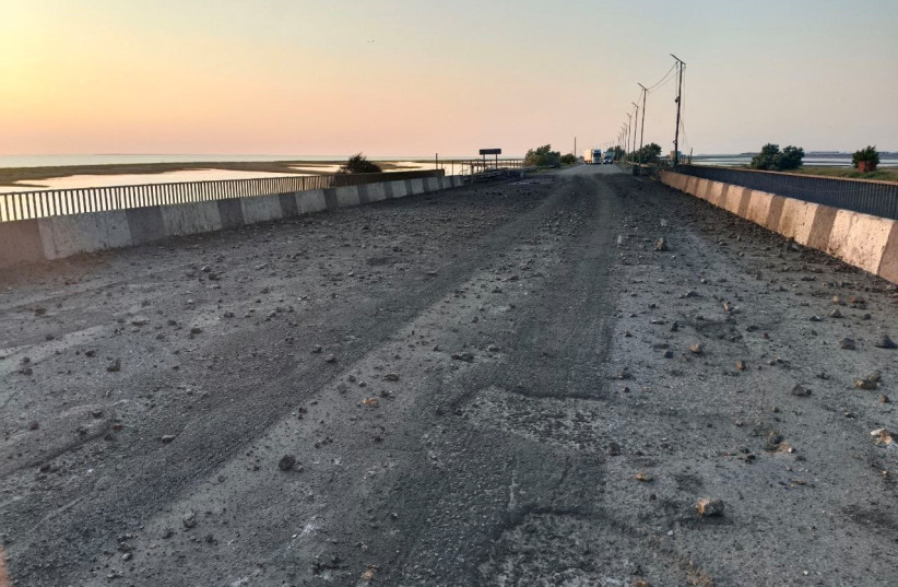  A view shows the damaged Chonhar bridge connecting Russian-held parts of Ukraine's Kherson region to the Crimean peninsula, following what Russian-appointed officials say was a Ukrainian missile attack, in this picture released June 22, 2023 (credit: Russian-installed leader of the Kherson region Vladimir Saldo via Telegram/Handout via REUTERS)