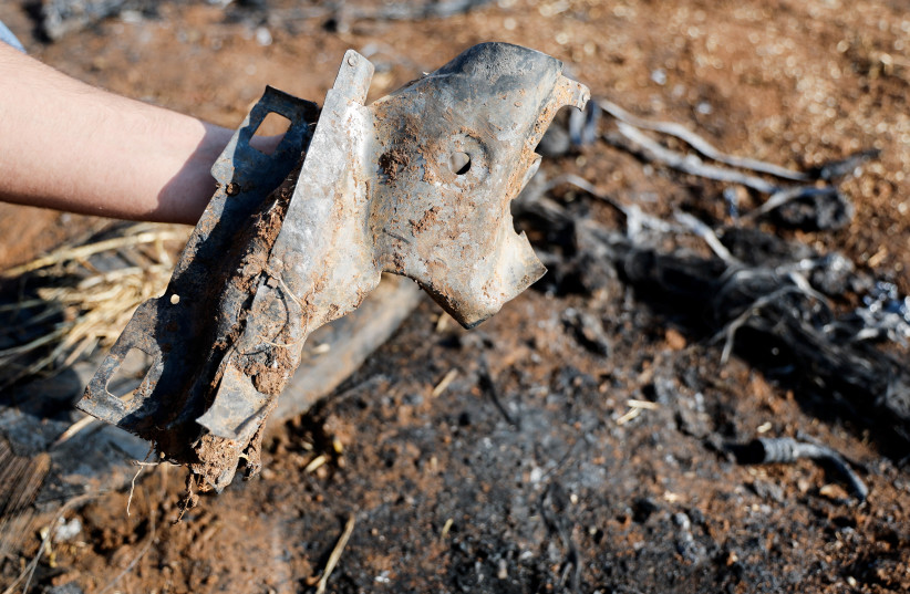  A fragment of a missile is pictured at the scene where three Palestinian gunmen were killed by an Israeli drone strike on Wednesday, near Jenin, in the West Bank, June 22, 2023. (credit: RANEEN SAWAFTA/REUTERS)