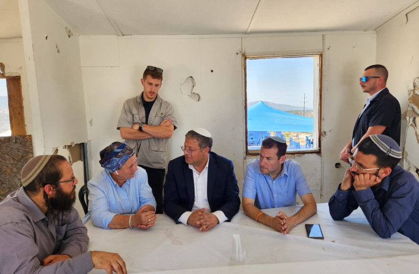  National Security Minister Itamar Ben-Gvir at the Evyatar outpost with Samaria Regional Council head Yossi Dagan and Nachala movement chair Daniella Weiss. (credit: ROI HADI)