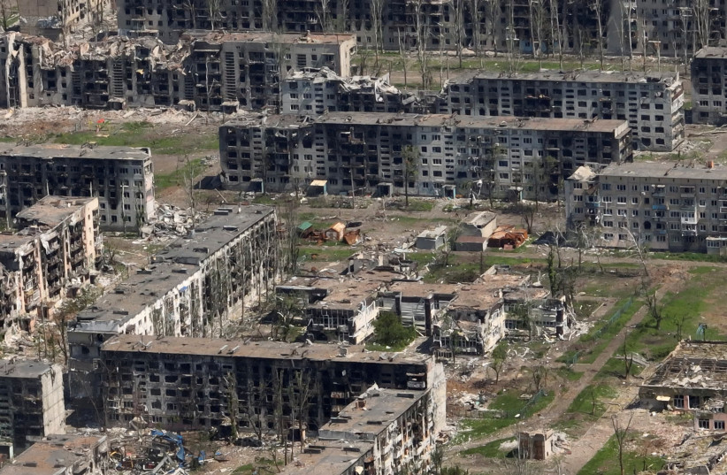  Aerial view shows destroyed buildings as a result of intense fighting, amid the Russian invasion, in Bakhmut, Ukraine in this still image from handout video released June 15, 2023 (credit: REUTERS)