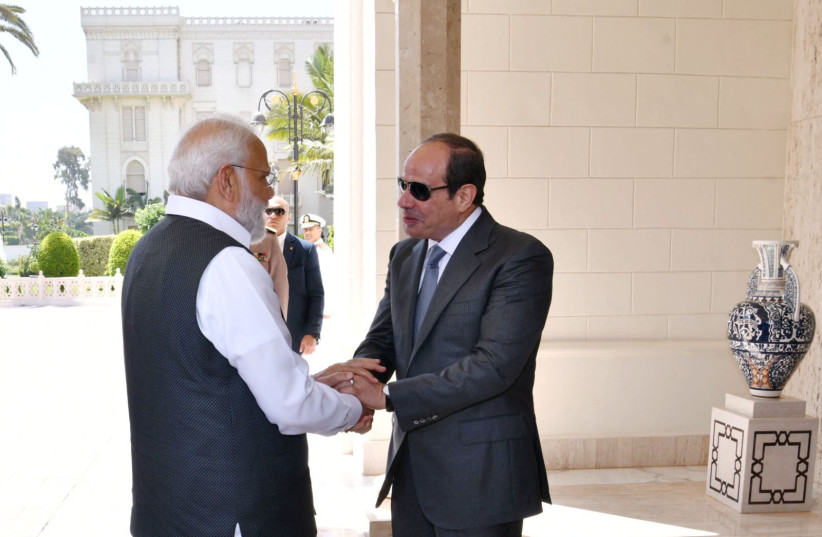  Egypt's President Abdel Fattah El-Sisi greets Indian Prime Minister Narendra Modi, at the Ittihadiya presidential palace in Cairo, Egypt June 25, 2023. (credit: THE EGYPTIAN PRESIDENCY/HANDOUT VIA REUTERS)