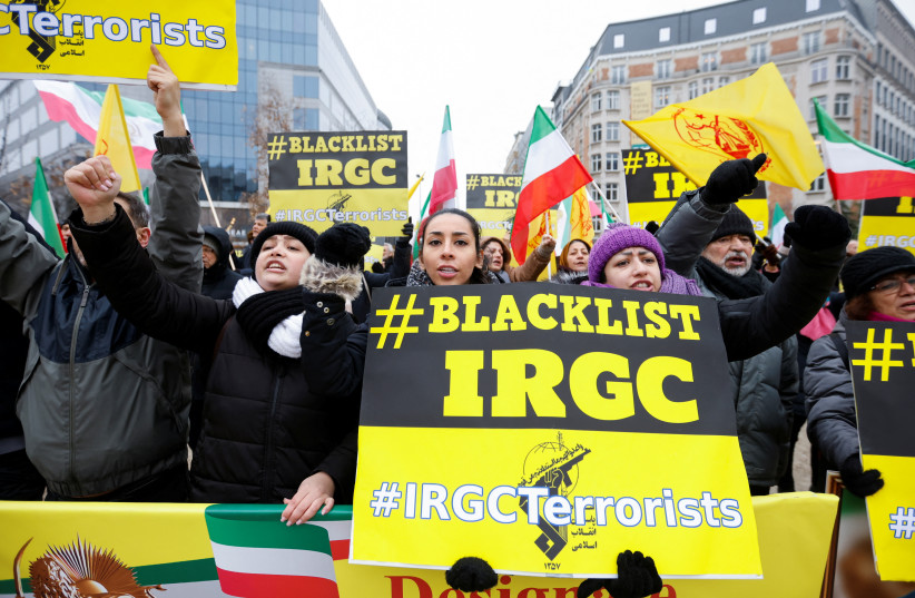 People rally against Iranian regime during a European Union (EU) Foreign Affairs council in Brussels, Belgium January 23, 2023. (credit: JOHANNA GERON/REUTERS)