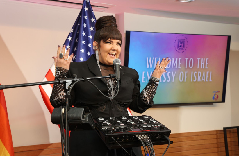  Eurovision winner Netta Barzilai performs at the Pride event at the Israeli Embassy in Washington, DC. (credit: SHMULIK ALMANY/ISRAELI EMBASSY IN THE US)