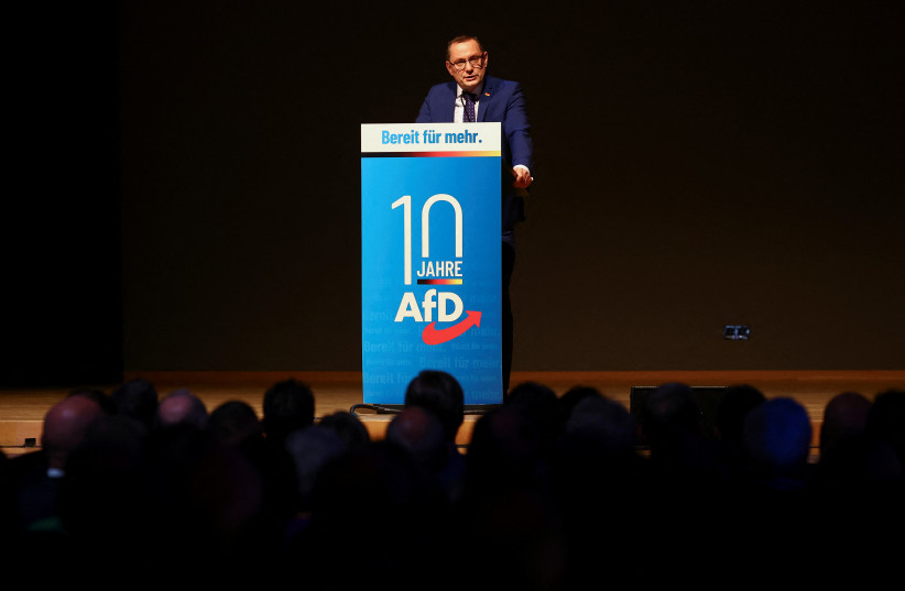  AfD's Group Leader Tino Chrupalla speaks during the German far-right party Alternative for Germany's (AfD) 10th anniversary celebration in Koenigstein, near Frankfurt, Germany, February 6, 2023. (credit: REUTERS/KAI PFAFFENBACH)