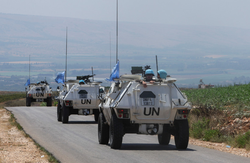  UN peacekeepers (UNIFIL) vehicles drive in the Lebanese village of Wazzani near the border with Israel, southern Lebanon, July 6, 2023.  (credit: AZIZ TAHER/REUTERS)