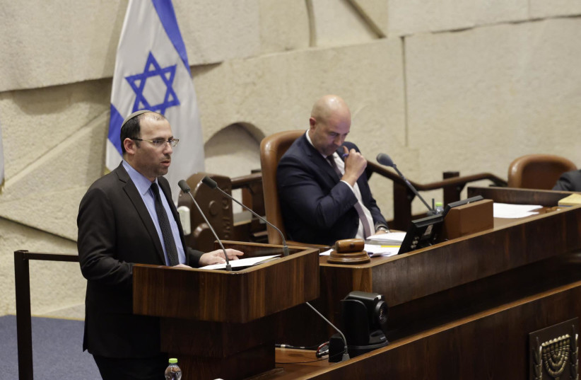  MK Simcha Rothman is seen addressing the Knesset plenum amid a debate on the reasonableness standard, in Jerusalem, on July 10, 2023. (credit: MARC ISRAEL SELLEM/THE JERUSALEM POST)