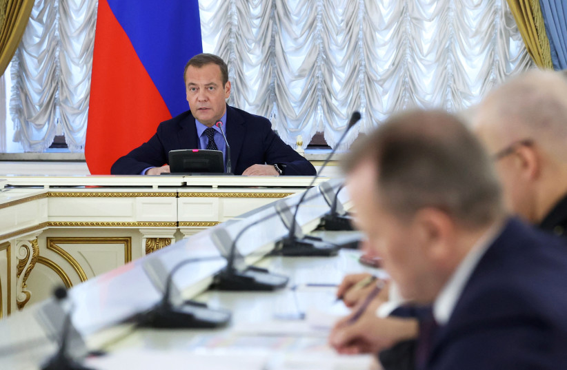  Deputy head of Russia's Security Council Dmitry Medvedev chairs a meeting on manning the Russian Armed Forces with contract servicemen, in Moscow, Russia July 4, 2023. (credit: SPUTNIK/YEKATERINA SHTUKINA/POOL VIA REUTERS)