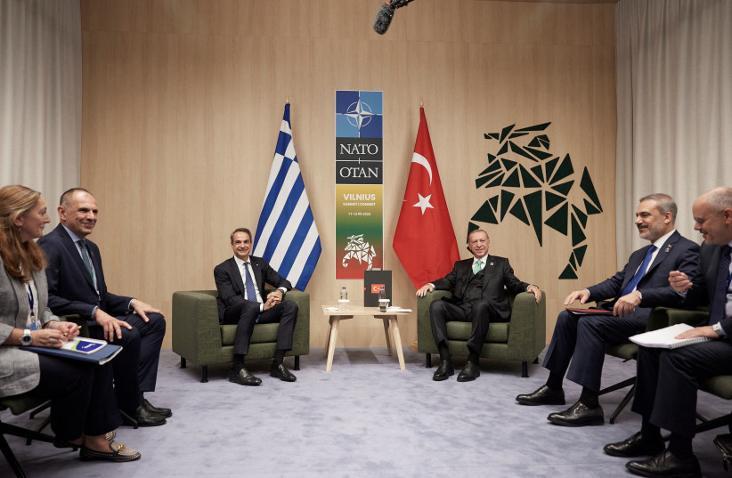  Greece's Prime Minister Kyriakos Mitsotakis meets with Turkey's President Tayyip Erdogan during a NATO leaders summit in Vilnius, Lithuania July 12, 2023 (credit: REUTERS)