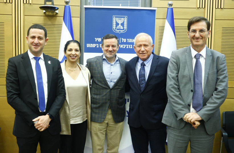  MK Ohad Tal, RFF Executive Director Shira Ruderman, RFF President Jay Ruderman, MK Avi Dichter and MK Boaz Bismuth attend the Knesset Caucus for Israel-American Jewry Relations (credit: DOR SITHAKOL)