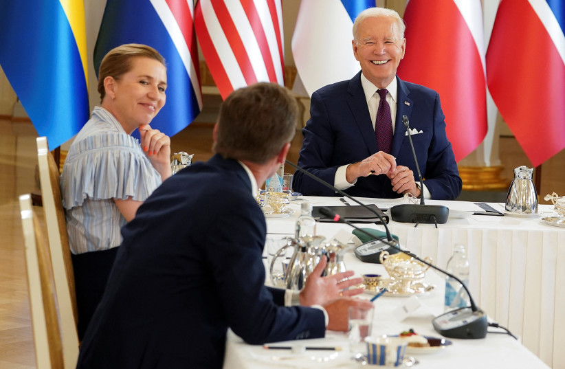 US President Joe Biden, Sweden's Prime Minister Ulf Kristersson and Denmark's Prime Minister Mette Frederiksen attend a US-Nordic Leaders meeting, in Helsinki, Finland, July 13, 2023.  (credit: REUTERS/KEVIN LAMARQUE)